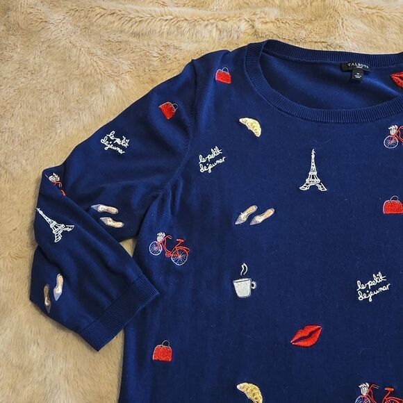 TALBOT NAVY BLUE EMBROIDERED PARIS SWEATER, SIZE X - Picture 5 of 9